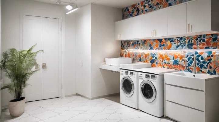 Bright modern laundry room with patterned wallpaper and white marble tile flooring