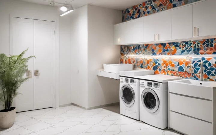 Bright modern laundry room with patterned wallpaper and white marble tile flooring