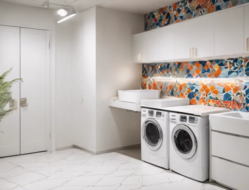 Bright modern laundry room with patterned wallpaper and white marble tile flooring