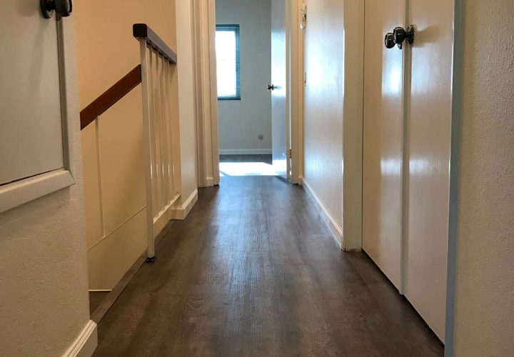 Dark brown wood plank flooring in a hallway with white doors